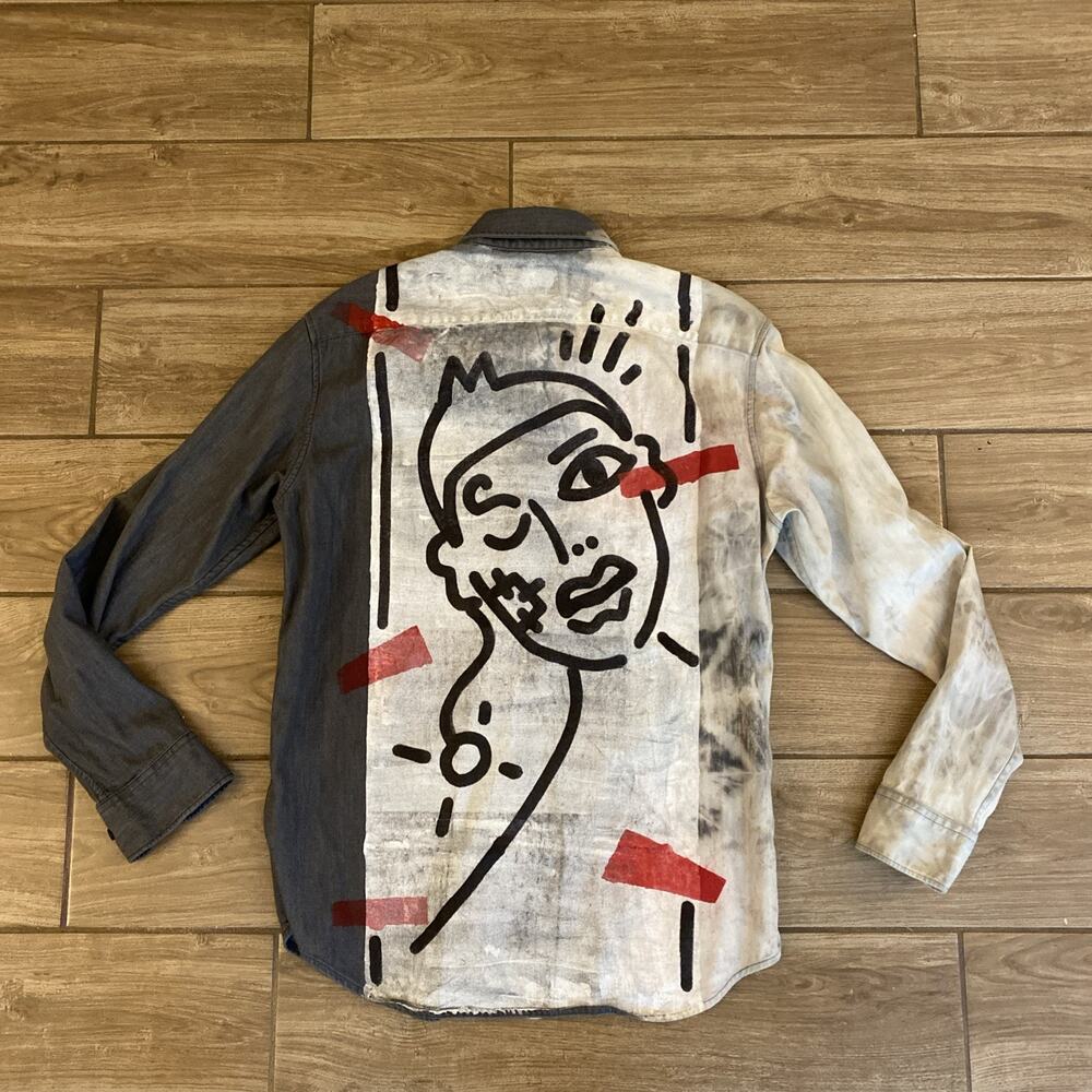 Abstract Art Shirt Keith Haring Inspired Button Up Long Sleeve Rare